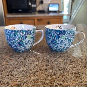 Pair of Lilly Pulitzer 12oz Blue and White Floral Mugs